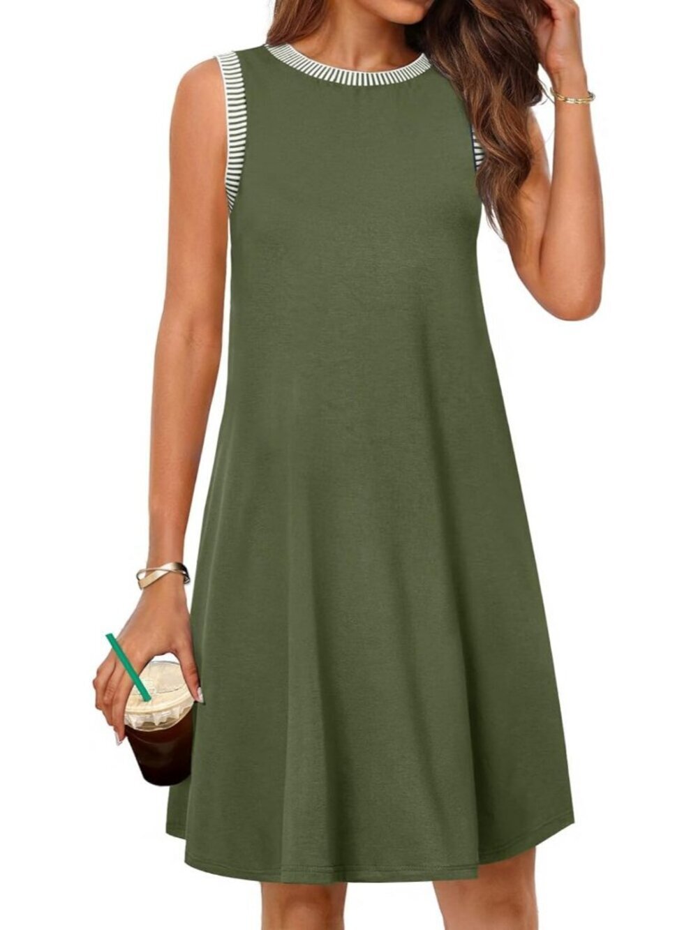 Women's Army Green Sleeveless Tank Cruise Shift Swing Sundress Stylish Min Dress